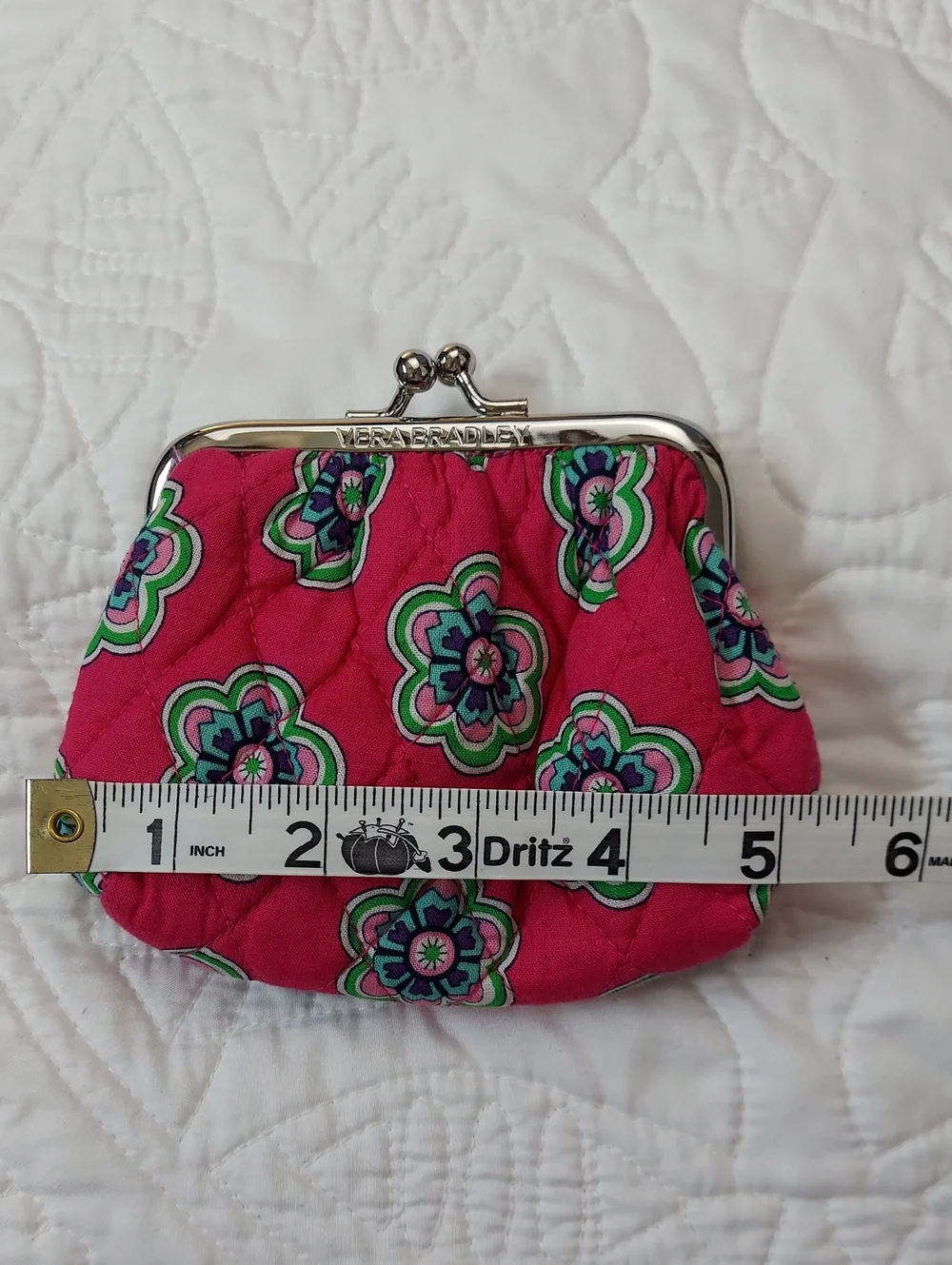 Vera Bradley Hot Pink Floral Quilted Silver Clasp Coin Purse, 2 Sided, Like New